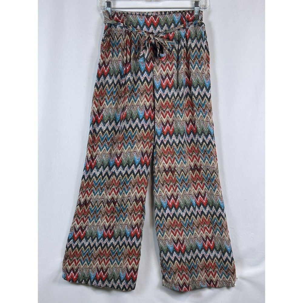Funky Soul Zigzag Wide Leg Pants Womens Medium Multi Color Chevron Tie Waist